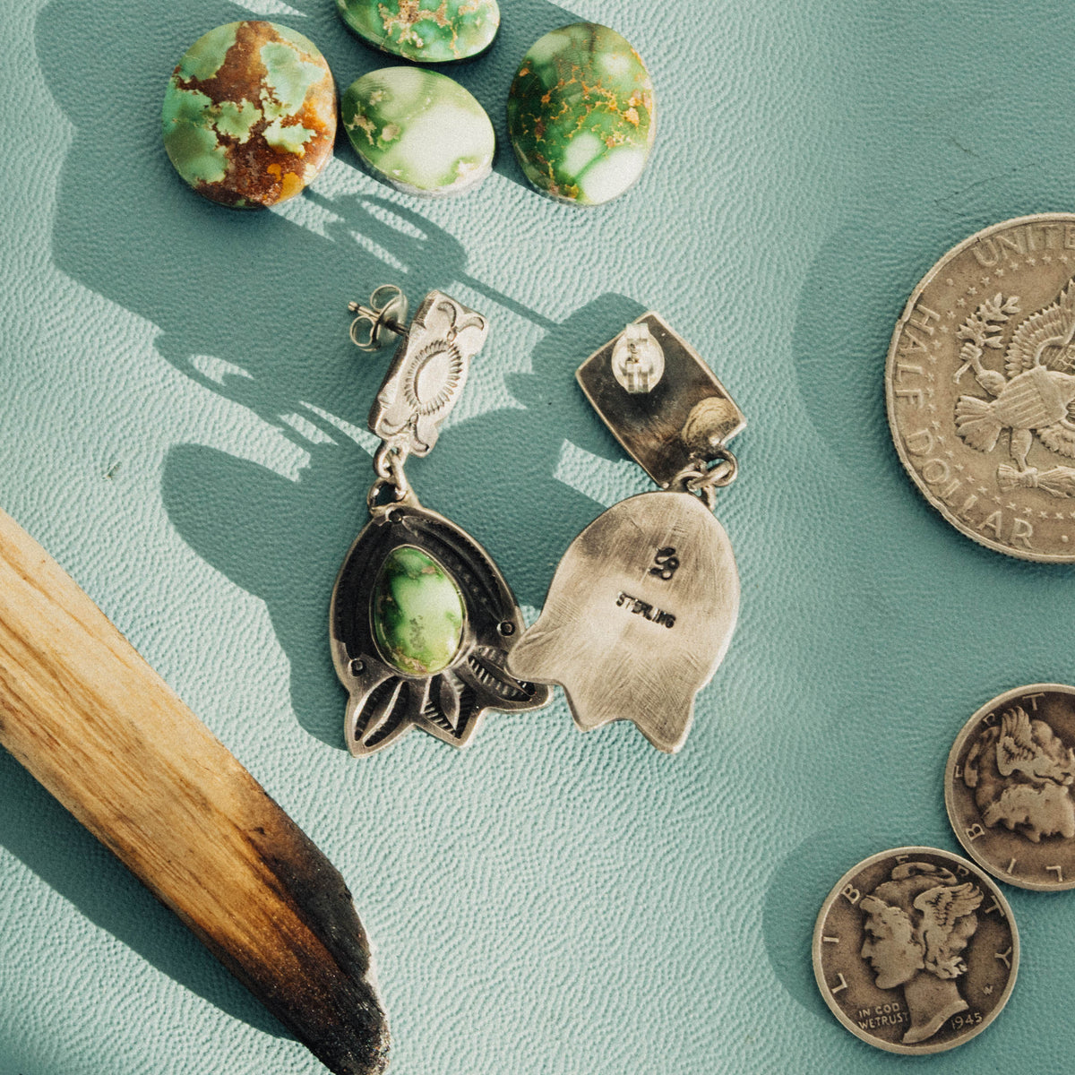 A pair of hand-wrought sterling silver two-tier drop earrings featuring Sonoran Gold turquoise, each stone a bright lime-green face veined with golden matrix — view 3
