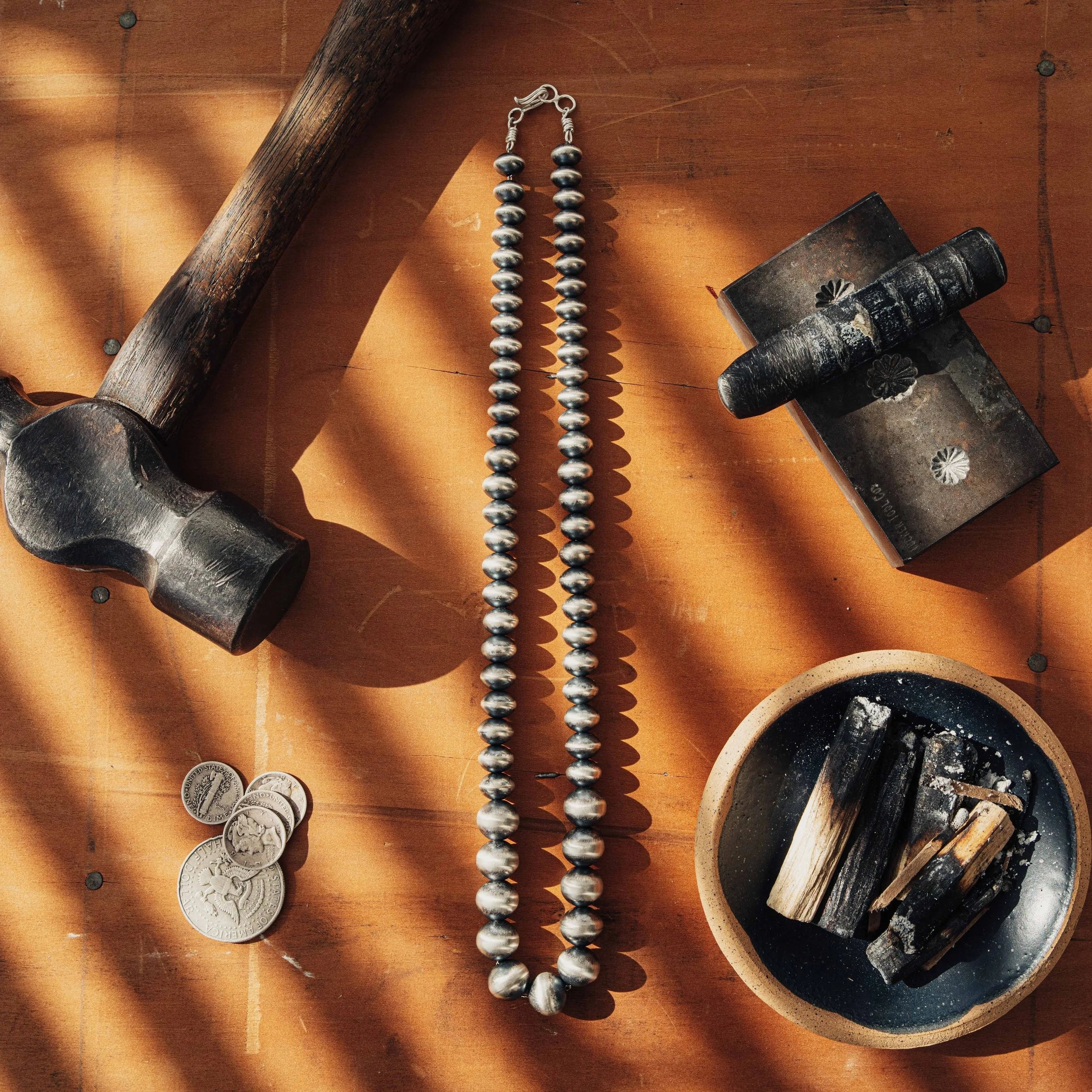Handmade Navajo Pearl necklace — graduated 9–12mm sterling beads on a 20" strand