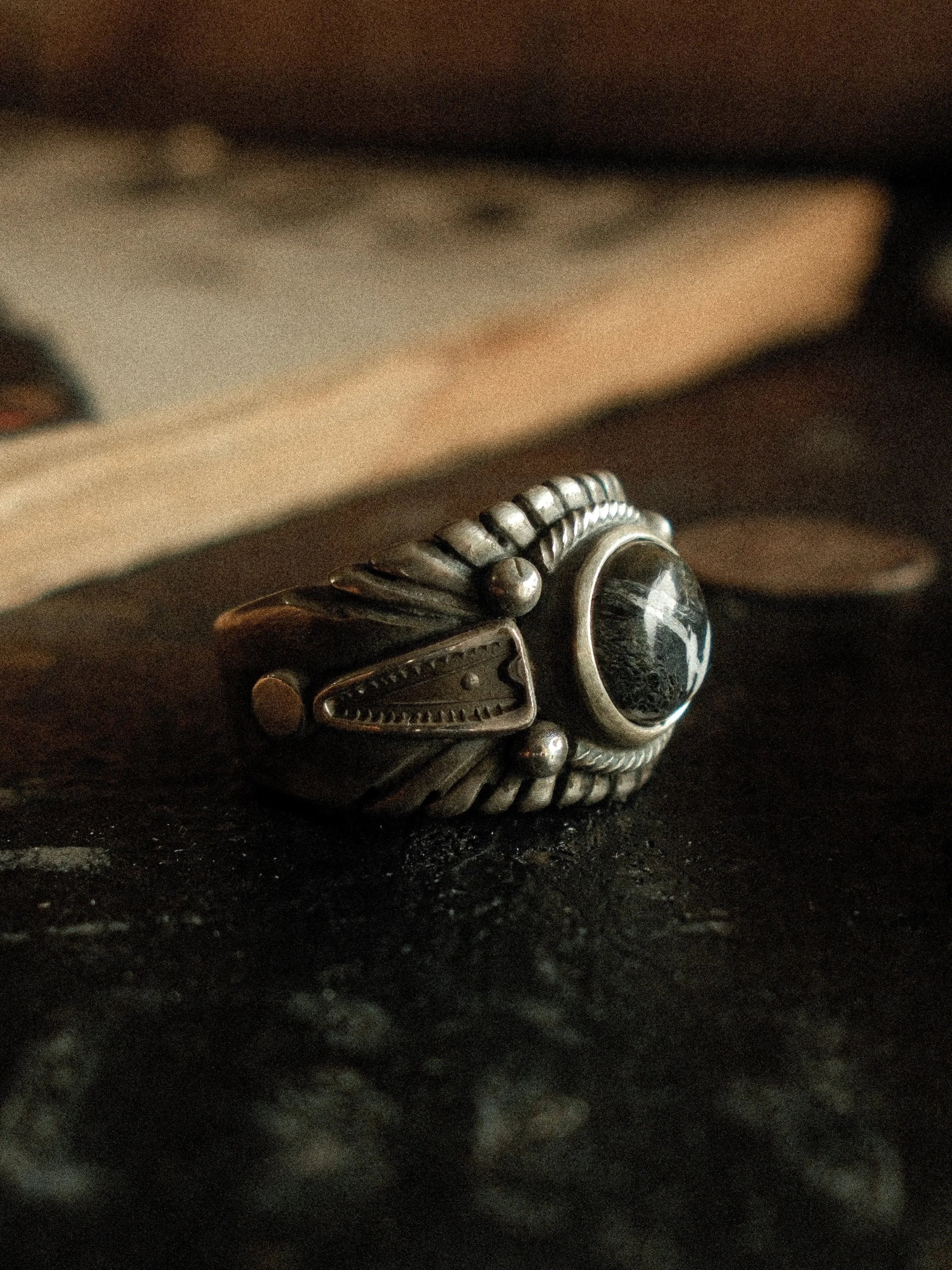 Premium White Buffalo from its single Nevada source on a heavy sterling Chief ring with hand-struck side detail — view 3