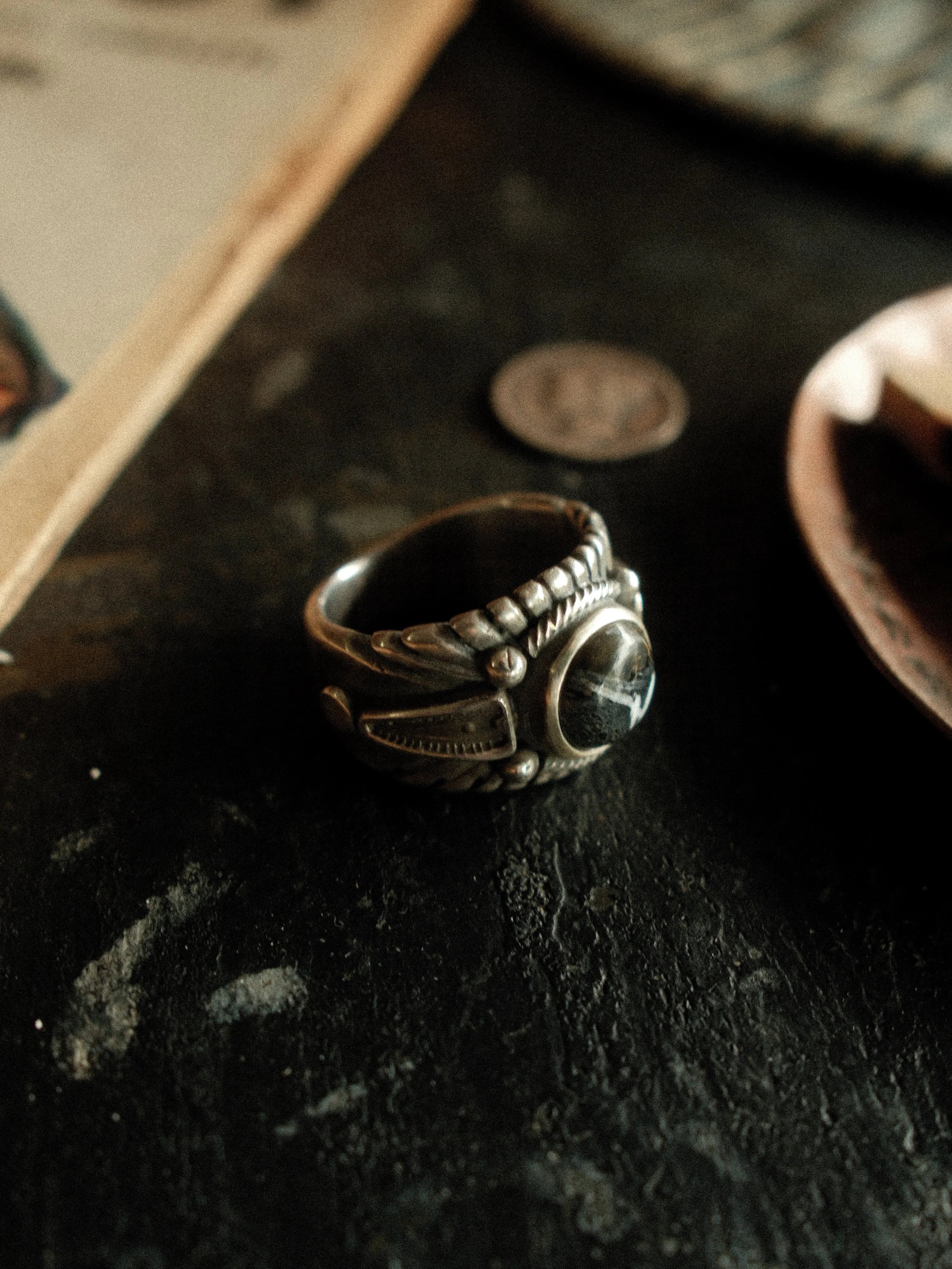 Premium White Buffalo from its single Nevada source on a heavy sterling Chief ring with hand-struck side detail — view 4