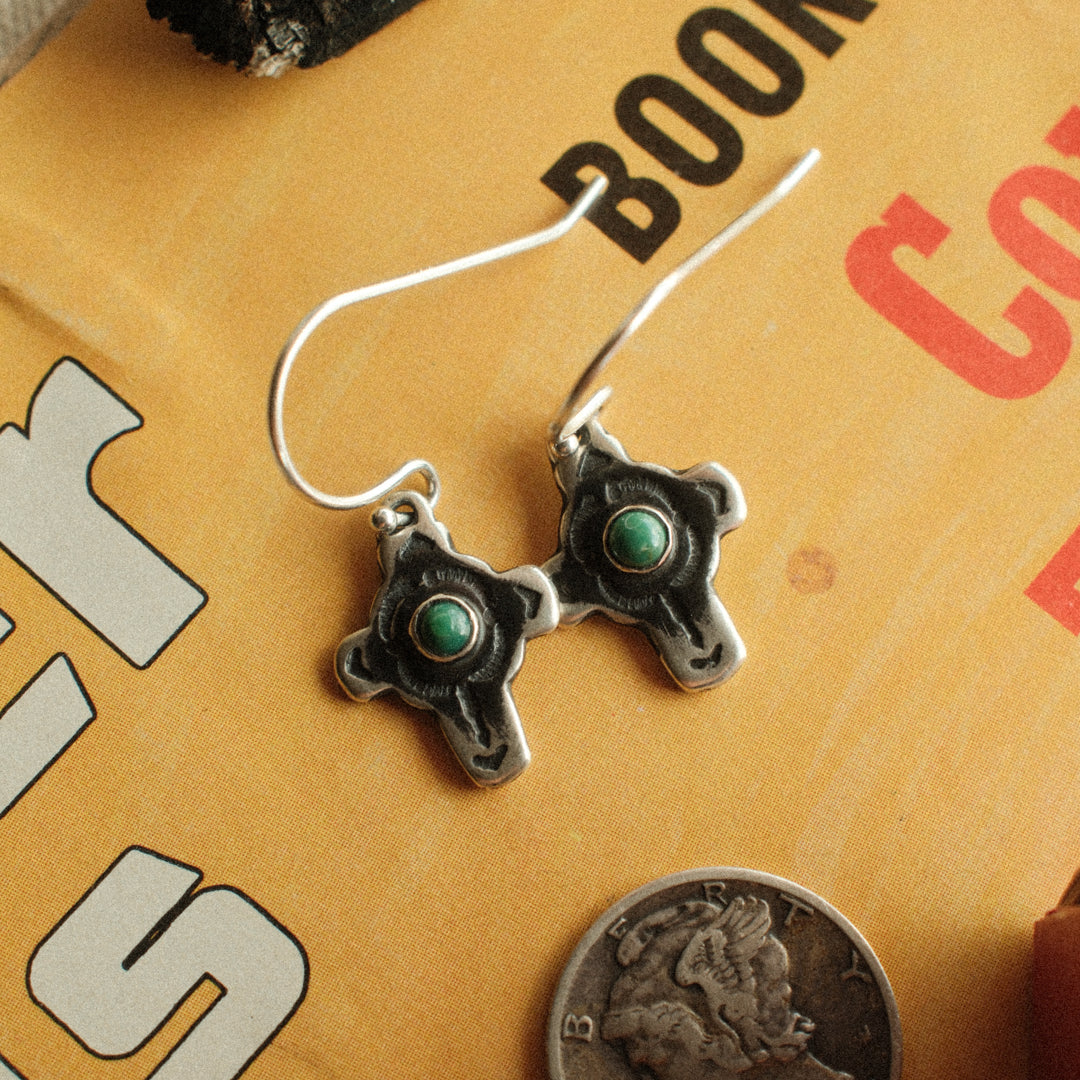 Traditional sterling silver cross earrings on French wires with a dark patina — view 2