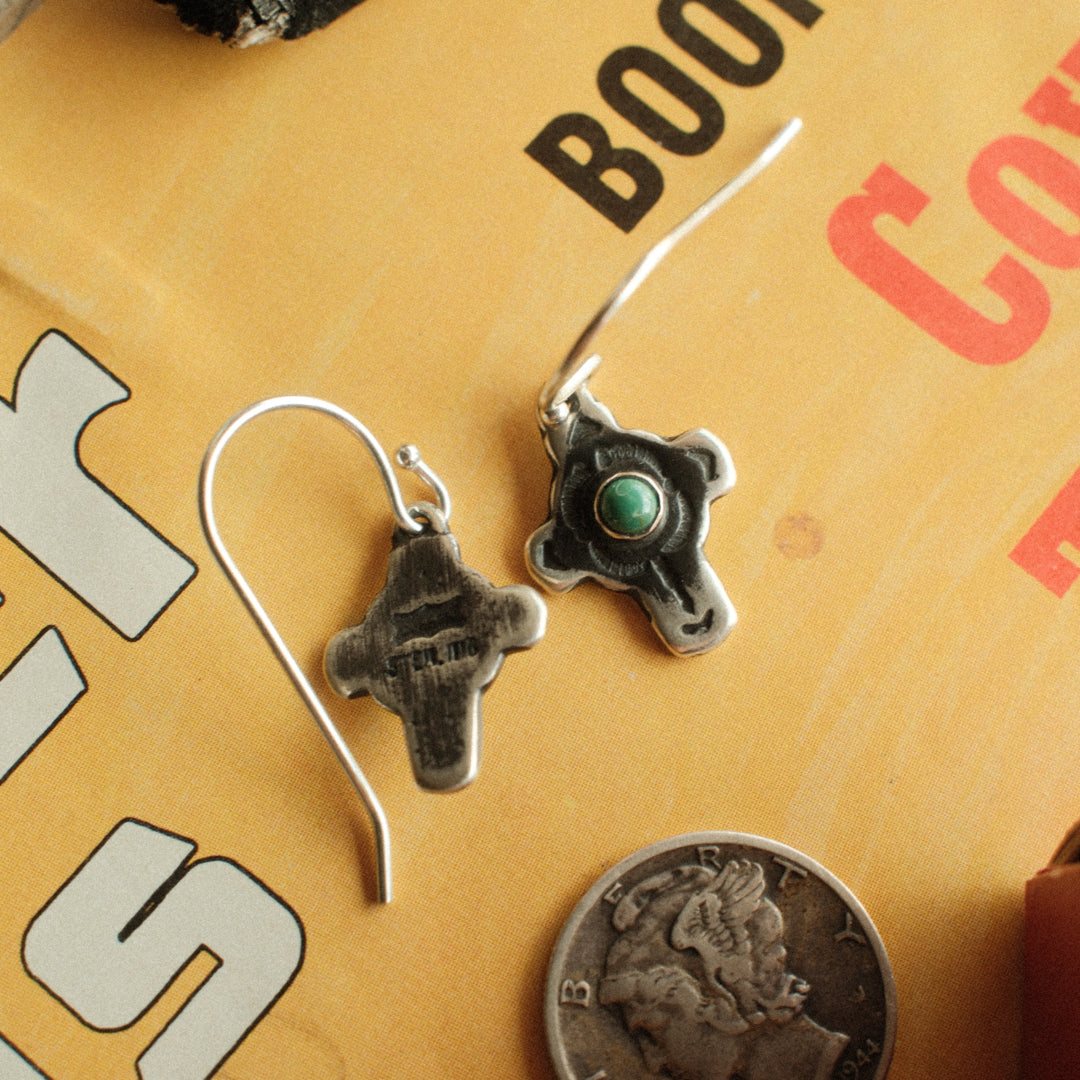 Traditional sterling silver cross earrings on French wires with a dark patina — view 3