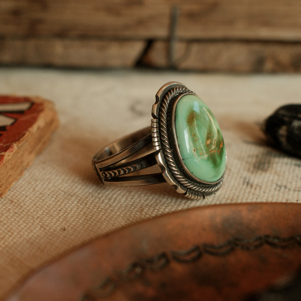 A one-of-a-kind 12×18mm Royston turquoise in a straight bezel inside a twist wire border, on a three-prong stamped split shank — view 2