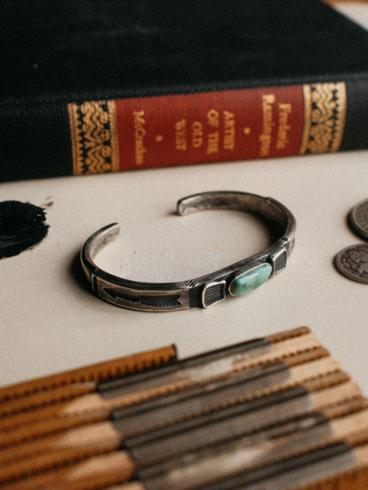 Tufa-cast in coin silver and hand-stamped throughout, set with Royston turquoise — view 2