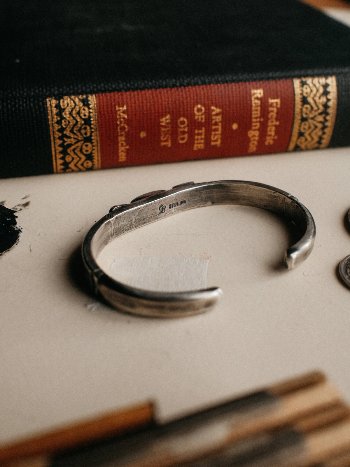 Tufa-cast in coin silver and hand-stamped throughout, set with Royston turquoise — view 3