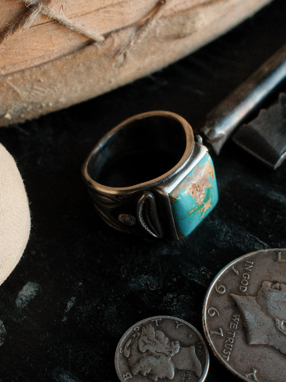 A tiered Bandolero ring hand-stamped with Chad's own steel and set with a piece of Kingman turquoise — view 4