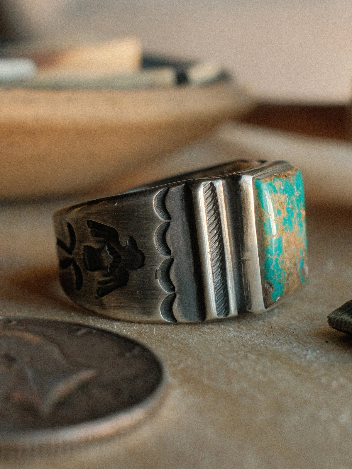 A Bandolero ring built on a sturdy tiered base and set with Kingman turquoise from Chad's private stash, hand-stamped throughout — view 2