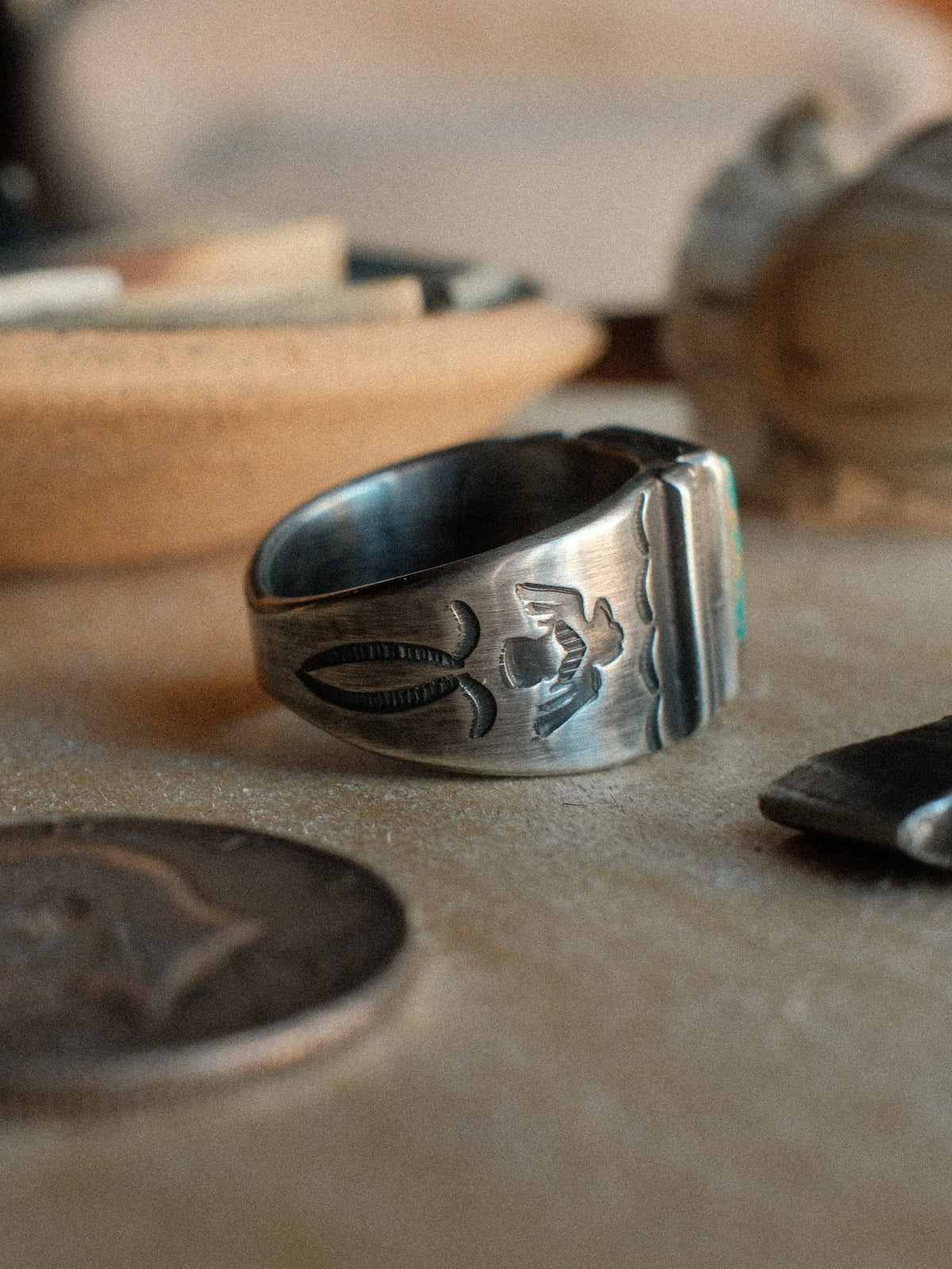 A Bandolero ring built on a sturdy tiered base and set with Kingman turquoise from Chad's private stash, hand-stamped throughout — view 3