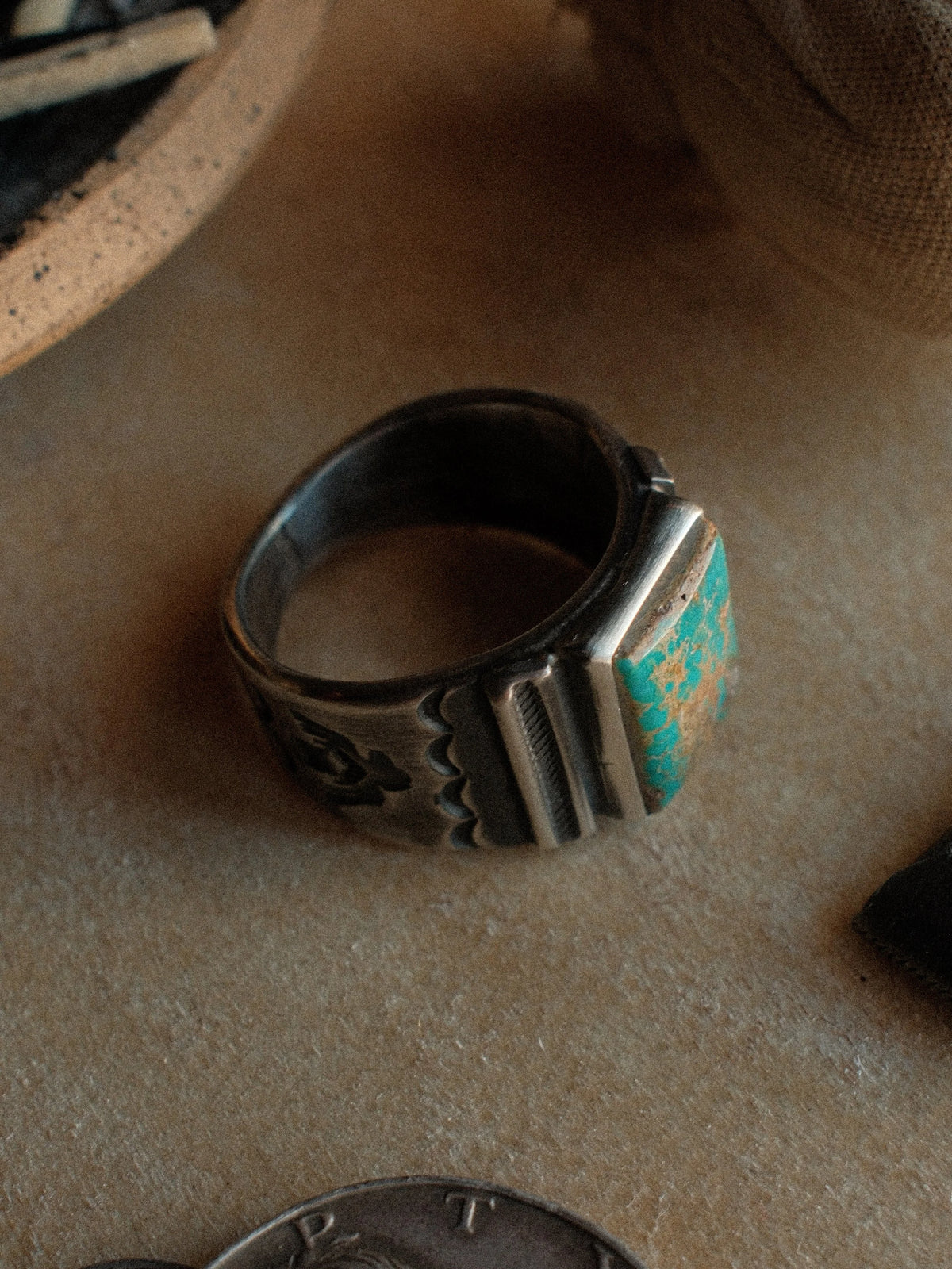A Bandolero ring built on a sturdy tiered base and set with Kingman turquoise from Chad's private stash, hand-stamped throughout — view 4