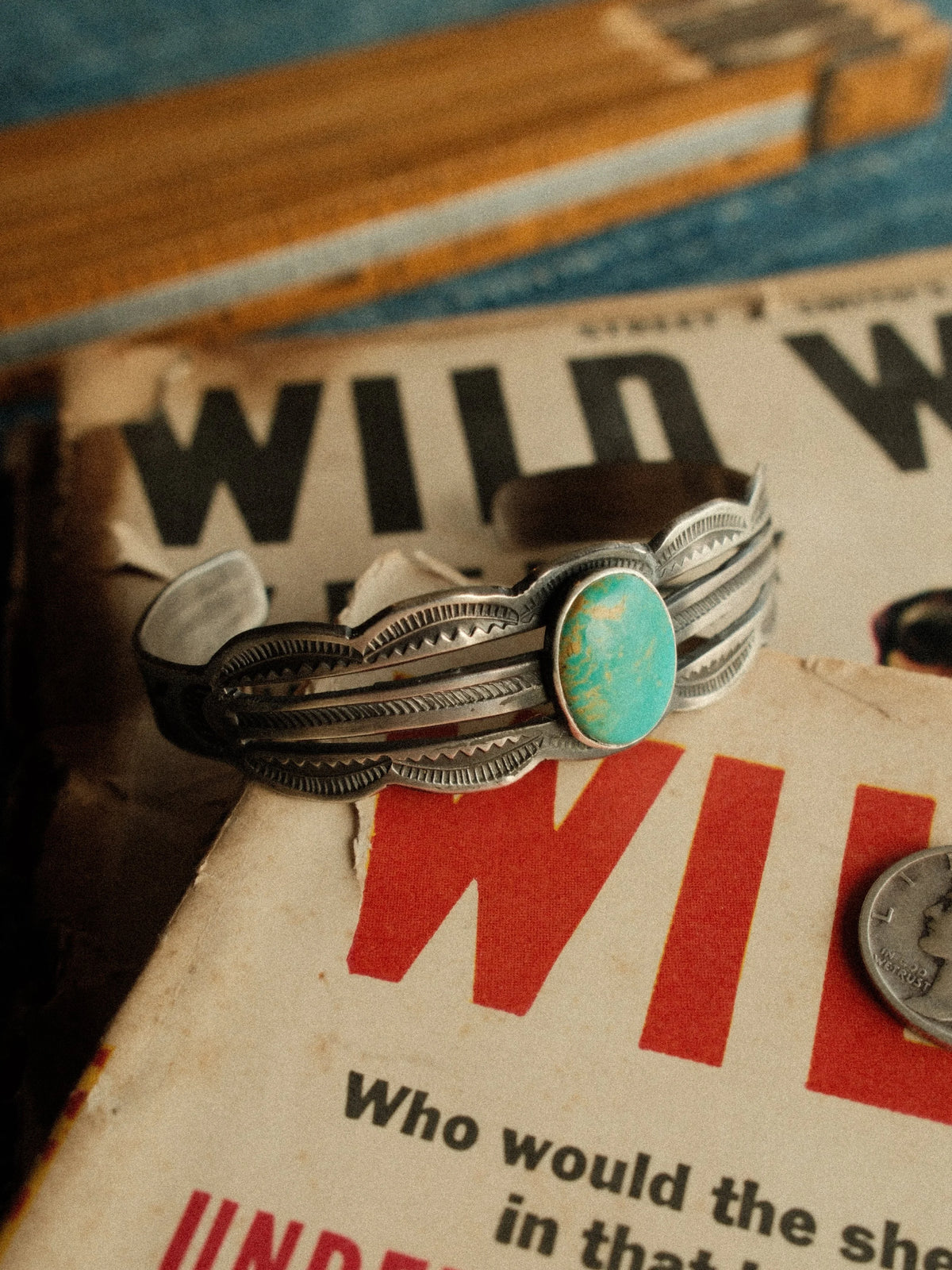 Carico Lake turquoise on a stamped, split sterling cuff drawn from vintage Harvey-era forms — view 4