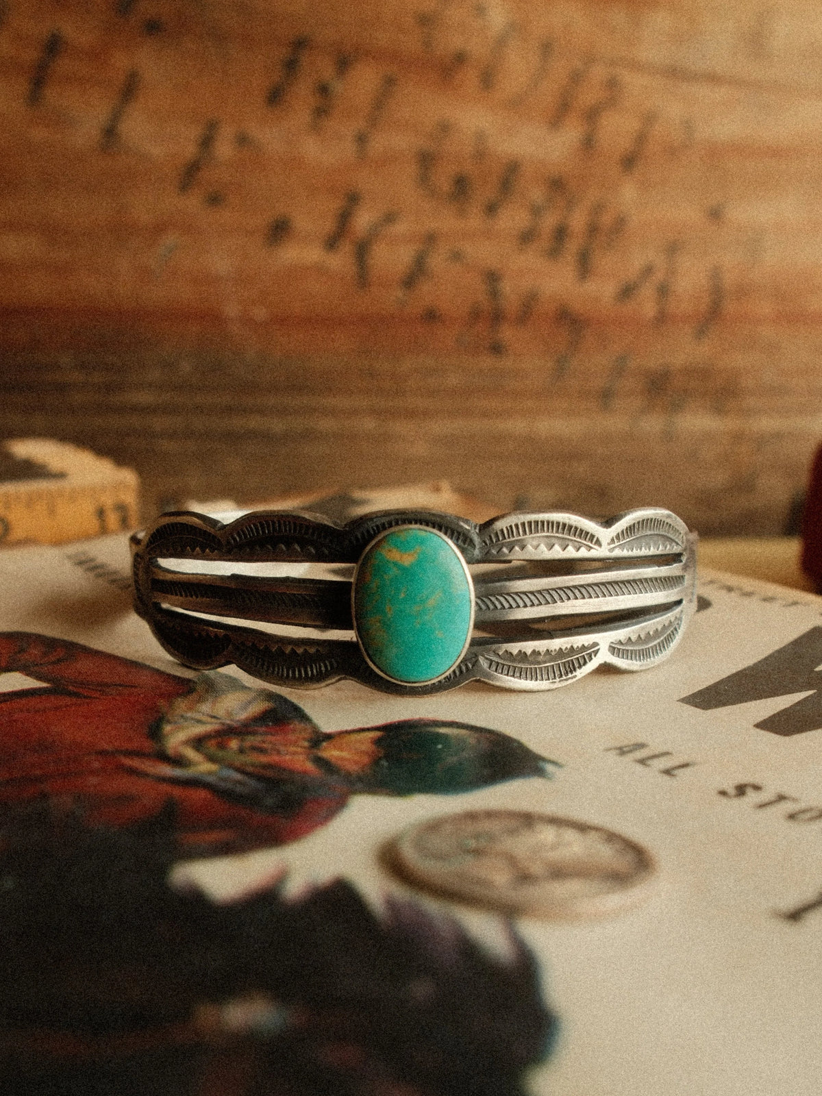 Carico Lake turquoise on a stamped, split sterling cuff drawn from vintage Harvey-era forms