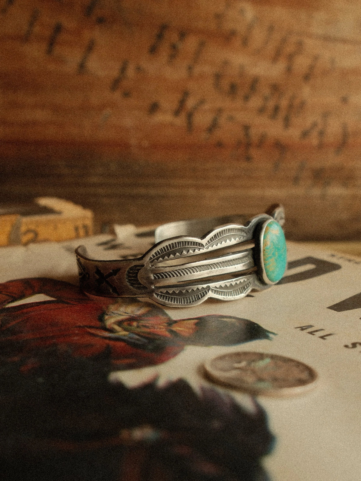 Carico Lake turquoise on a stamped, split sterling cuff drawn from vintage Harvey-era forms — view 2
