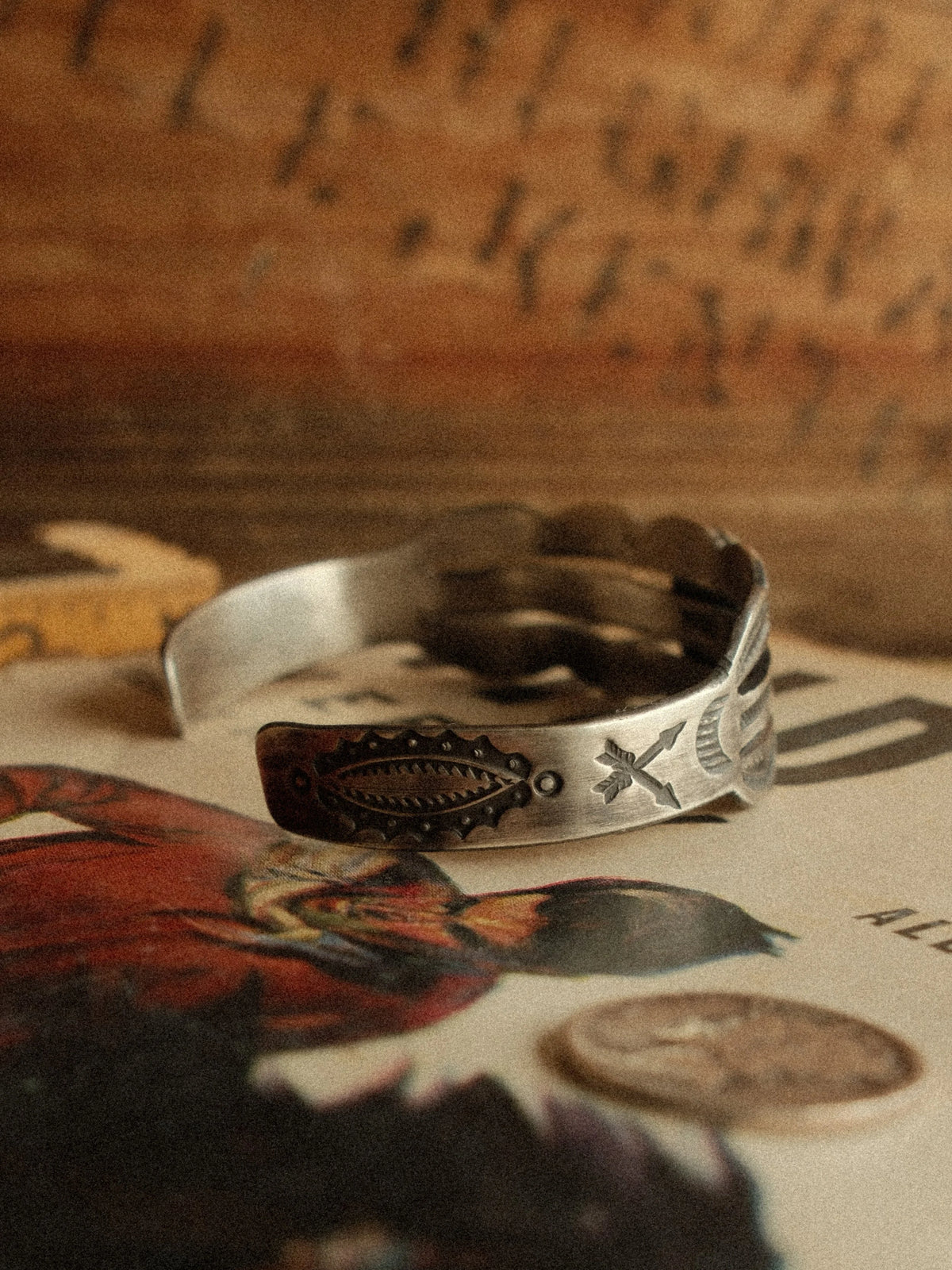 Carico Lake turquoise on a stamped, split sterling cuff drawn from vintage Harvey-era forms — view 3