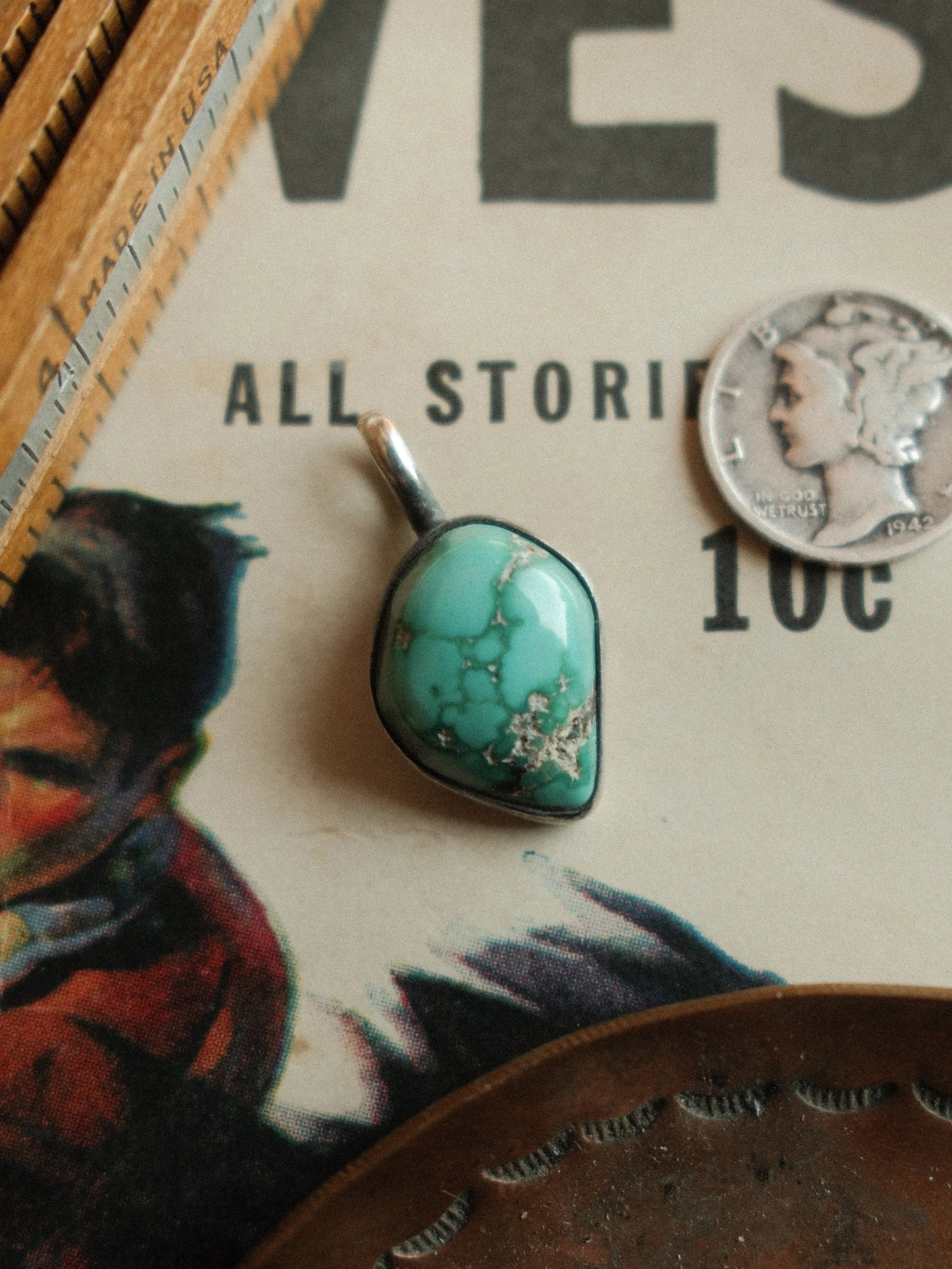 A 14×18mm natural Fox turquoise stone, hand-set in a minimalist sterling bezel that lets the stone speak
