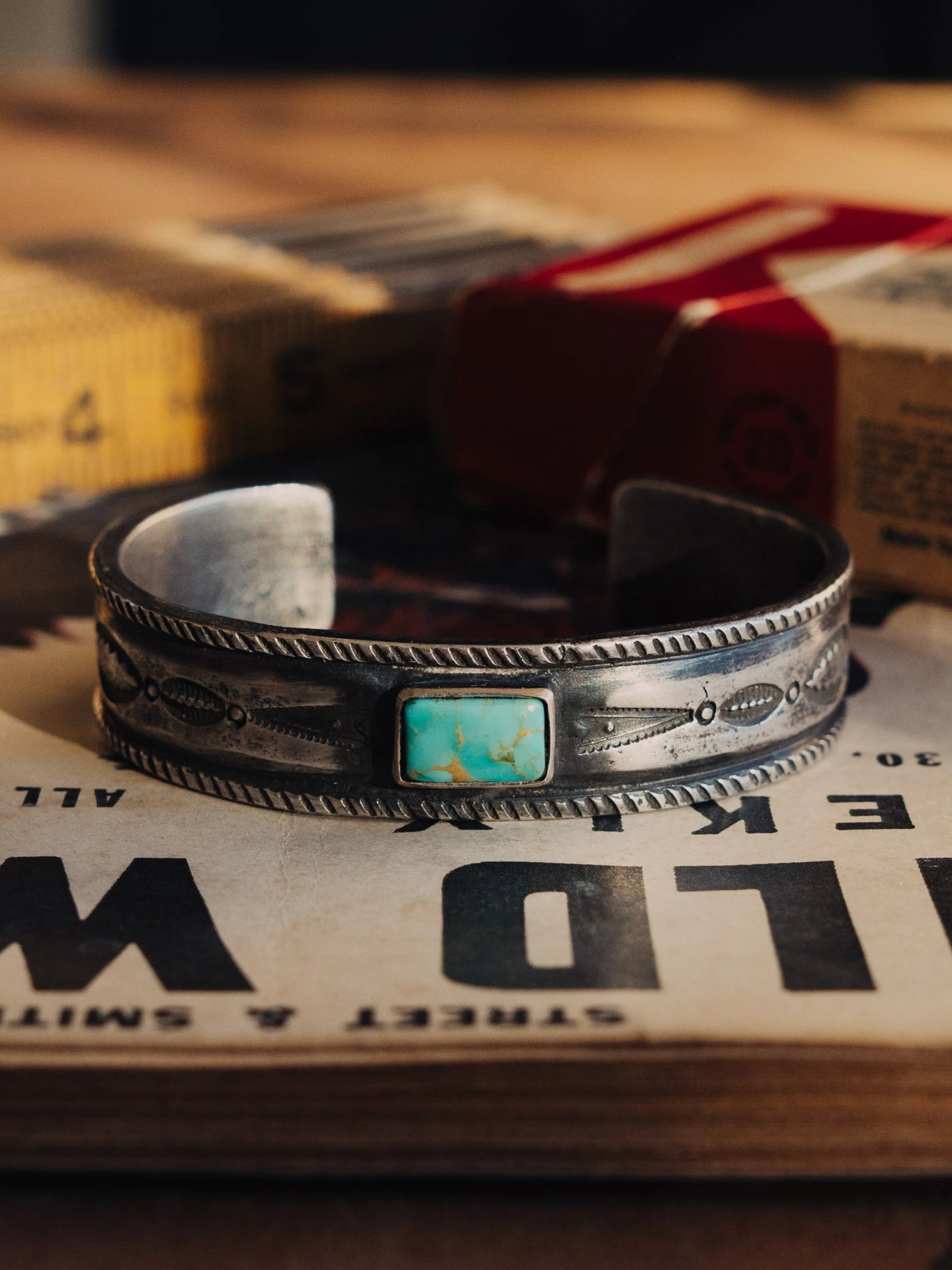 Poured from a tufa-cast ingot and hand-stamped throughout, set with Manassa turquoise from the long-closed King mine in Colorado — view 4