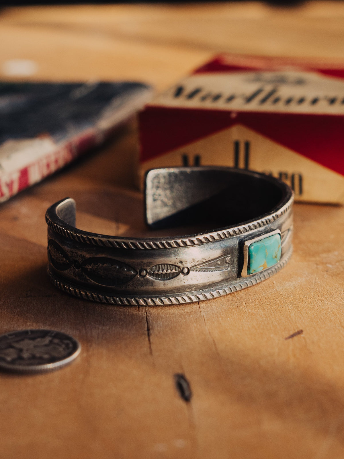Poured from a tufa-cast ingot and hand-stamped throughout, set with Manassa turquoise from the long-closed King mine in Colorado — view 2