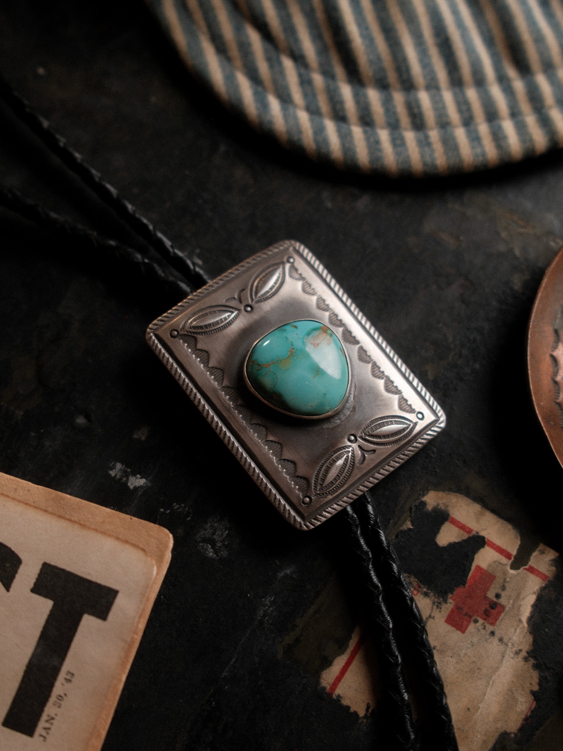 One of a kind: Royston turquoise hand-set in stamped sterling on braided leather, finished with sterling end tips — view 3