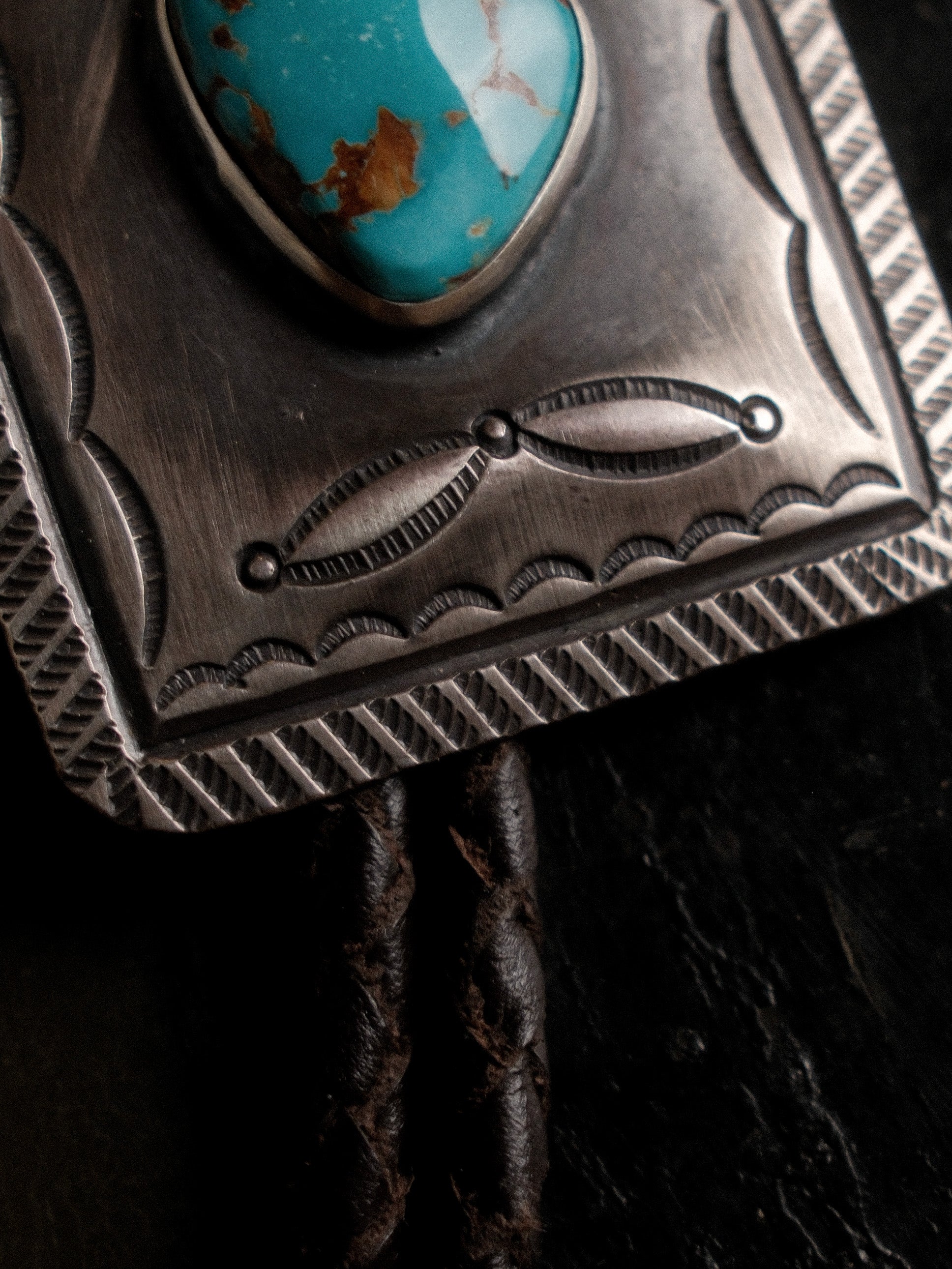 Hand-stamped sterling bolo set with Nevada Royston turquoise on braided leather — view 4