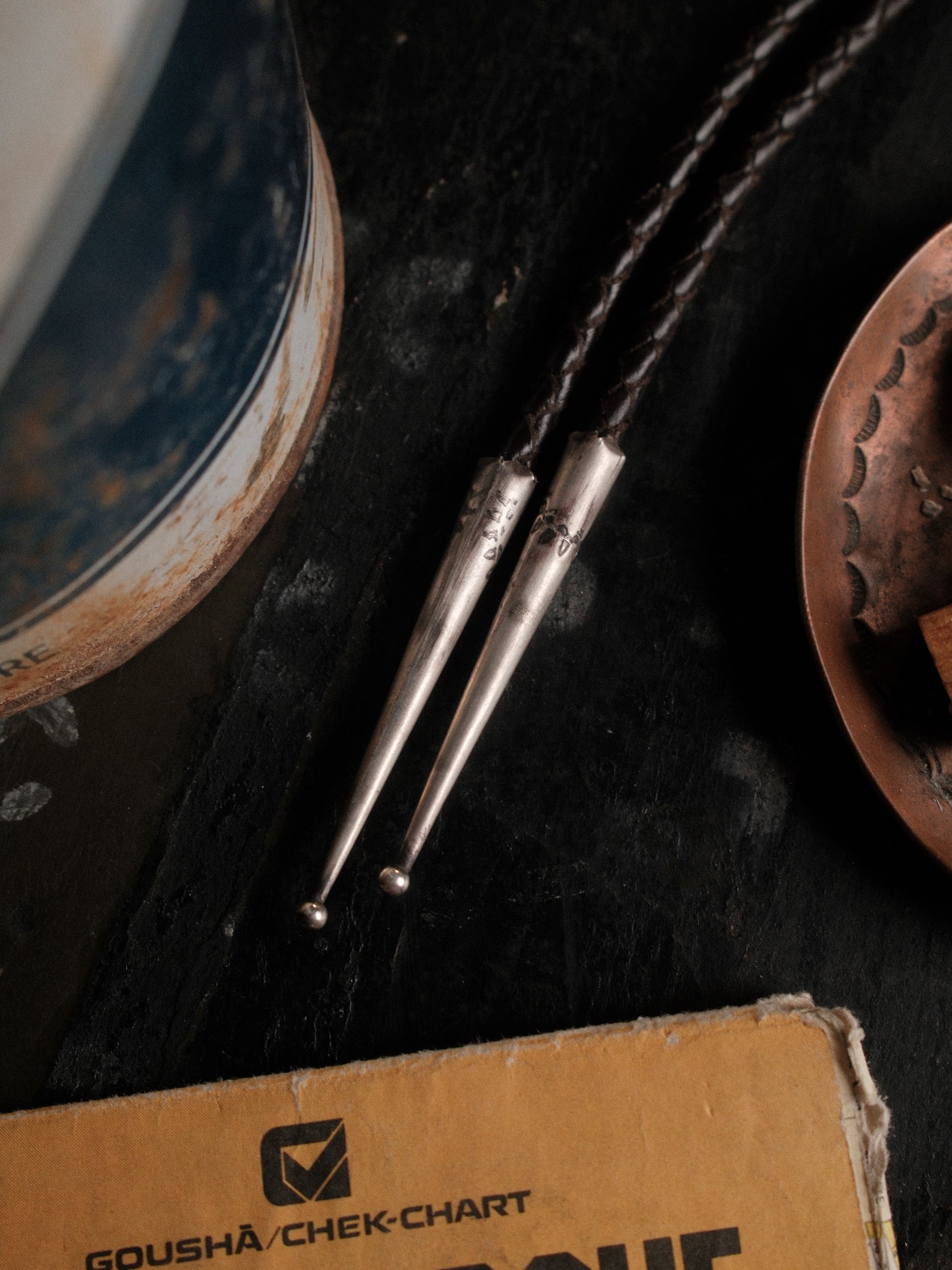 Hand-stamped sterling bolo set with Nevada Royston turquoise on braided leather — view 5