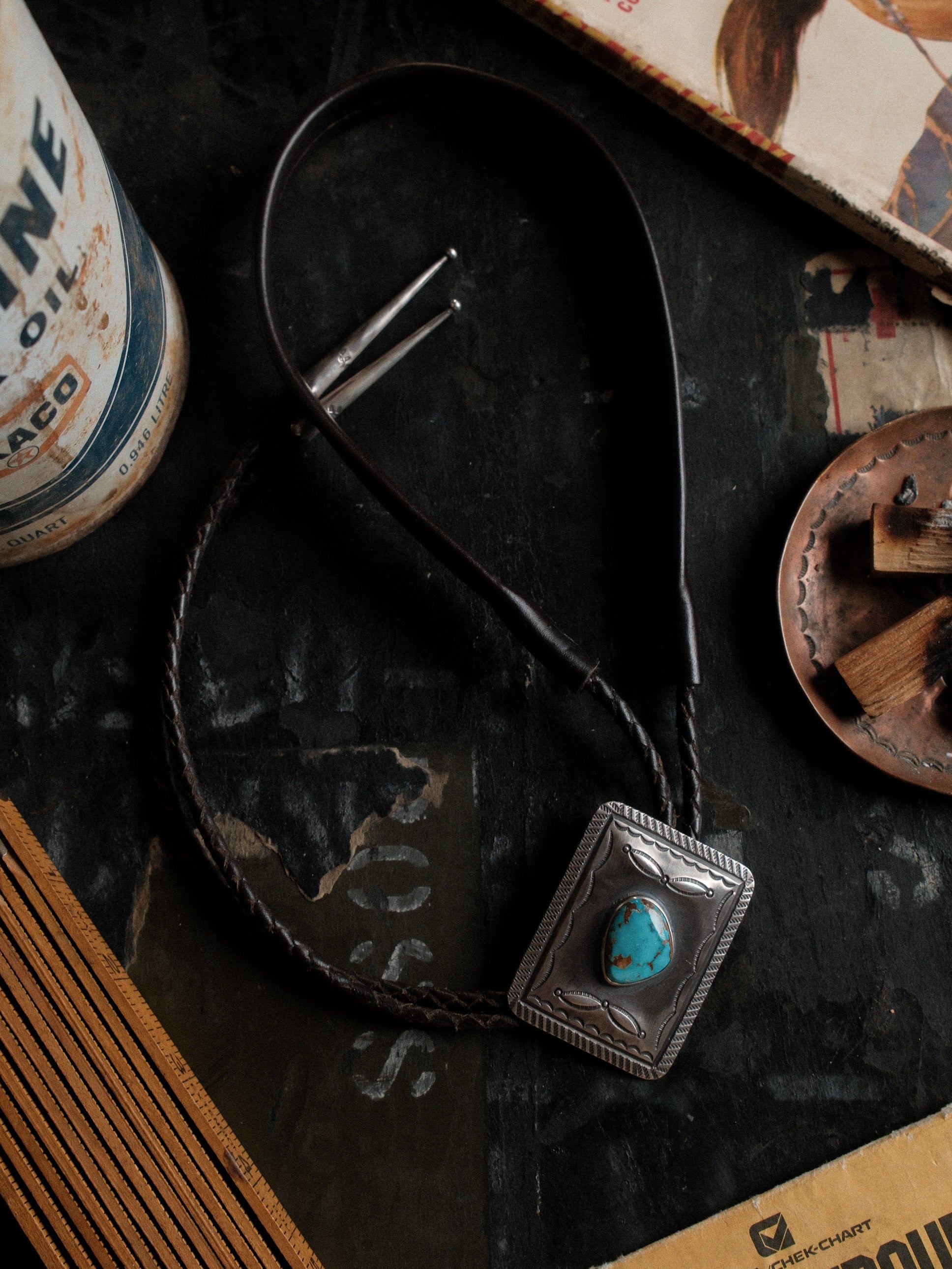 Hand-stamped sterling bolo set with Nevada Royston turquoise on braided leather — view 2