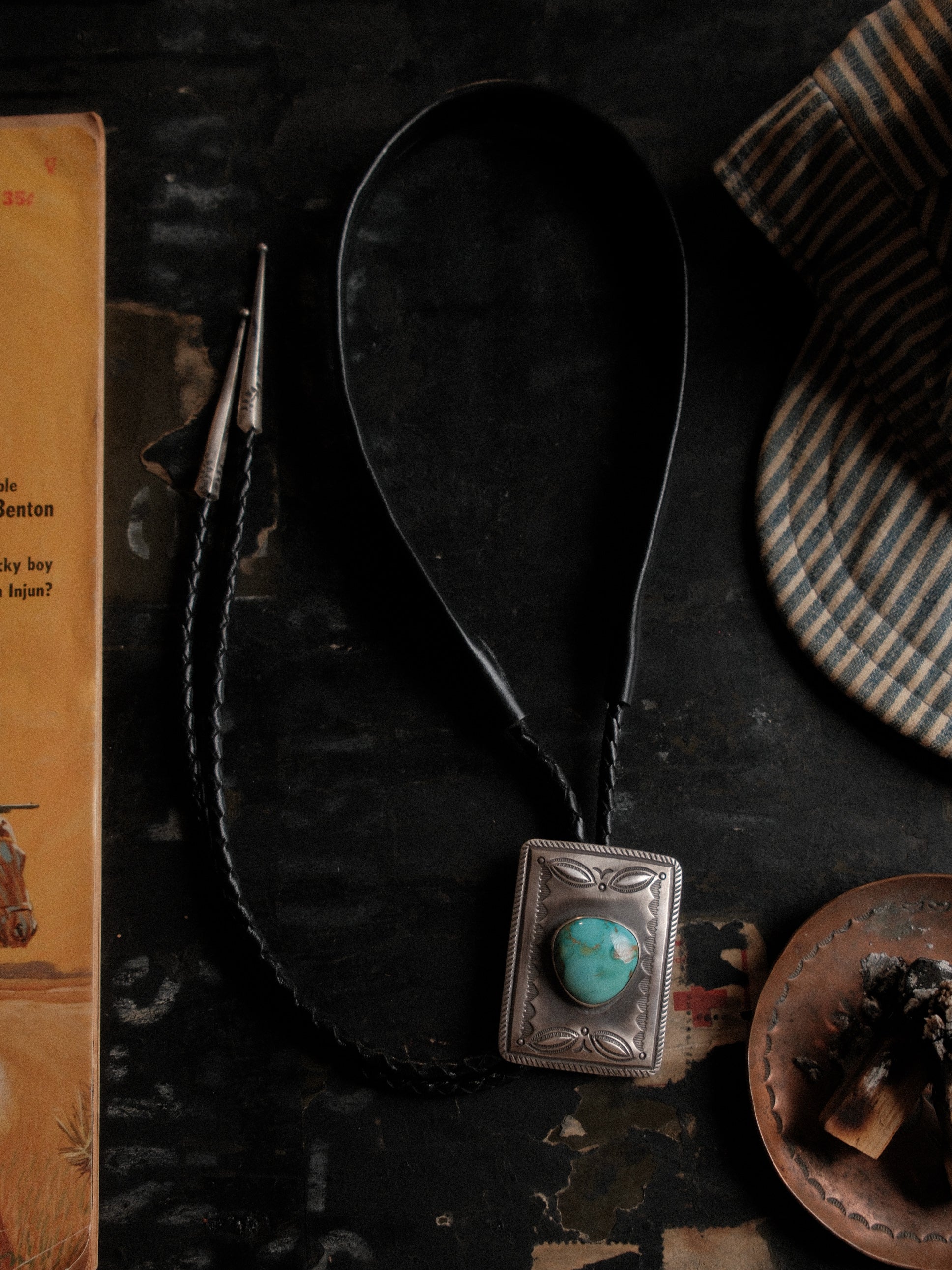 One of a kind: Royston turquoise hand-set in stamped sterling on braided leather, finished with sterling end tips — view 2