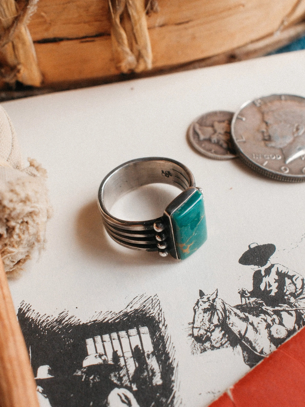 A four-prong split shank dressed in sterling beadwork and set with Royston turquoise from Nevada, hand-stamped throughout — view 4