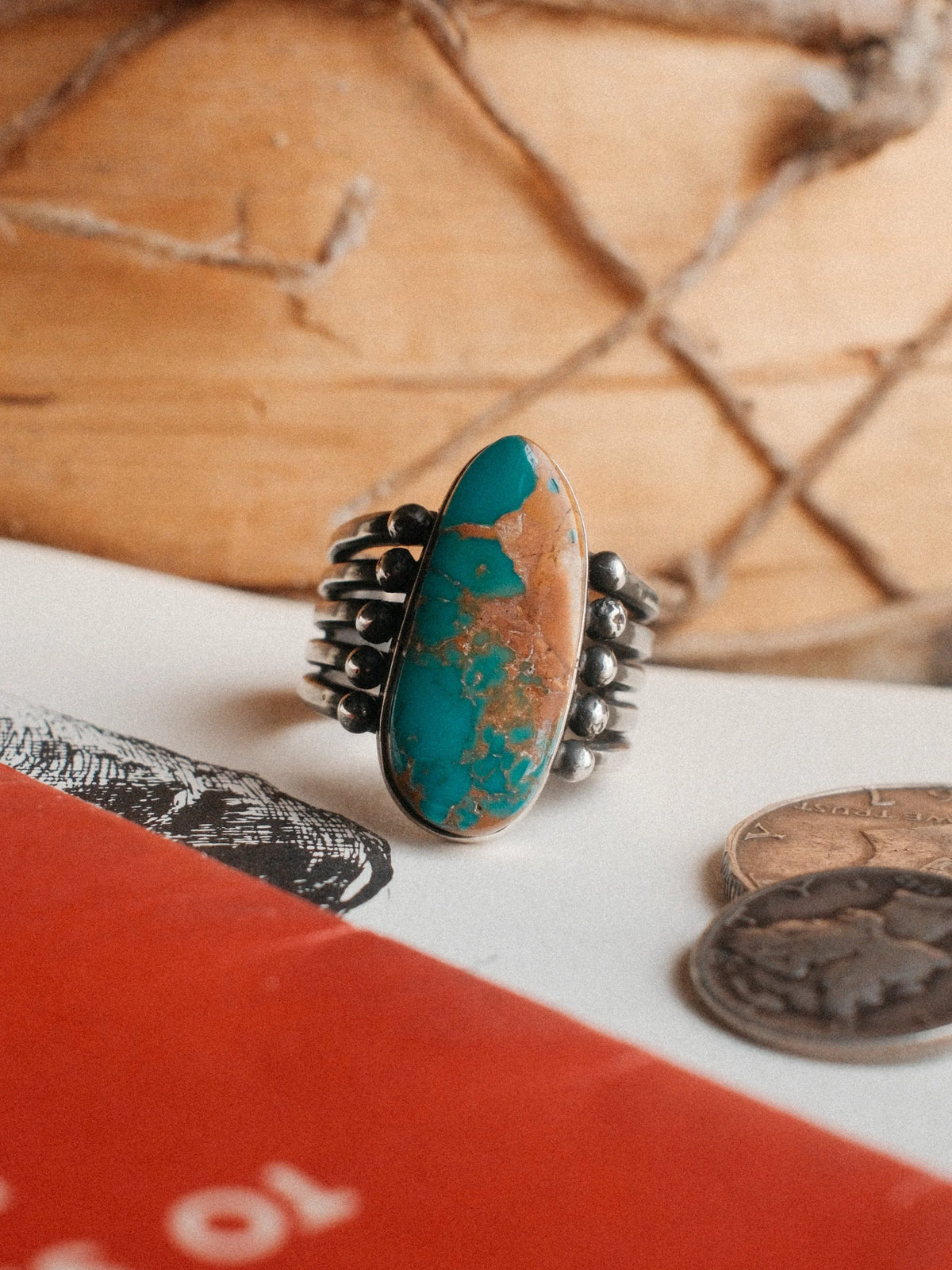 A five-prong split shank with sterling beadwork, set with Royston turquoise from Nevada and hand-stamped — view 3