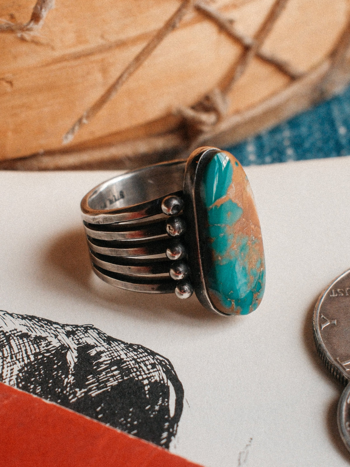 A five-prong split shank with sterling beadwork, set with Royston turquoise from Nevada and hand-stamped — view 2