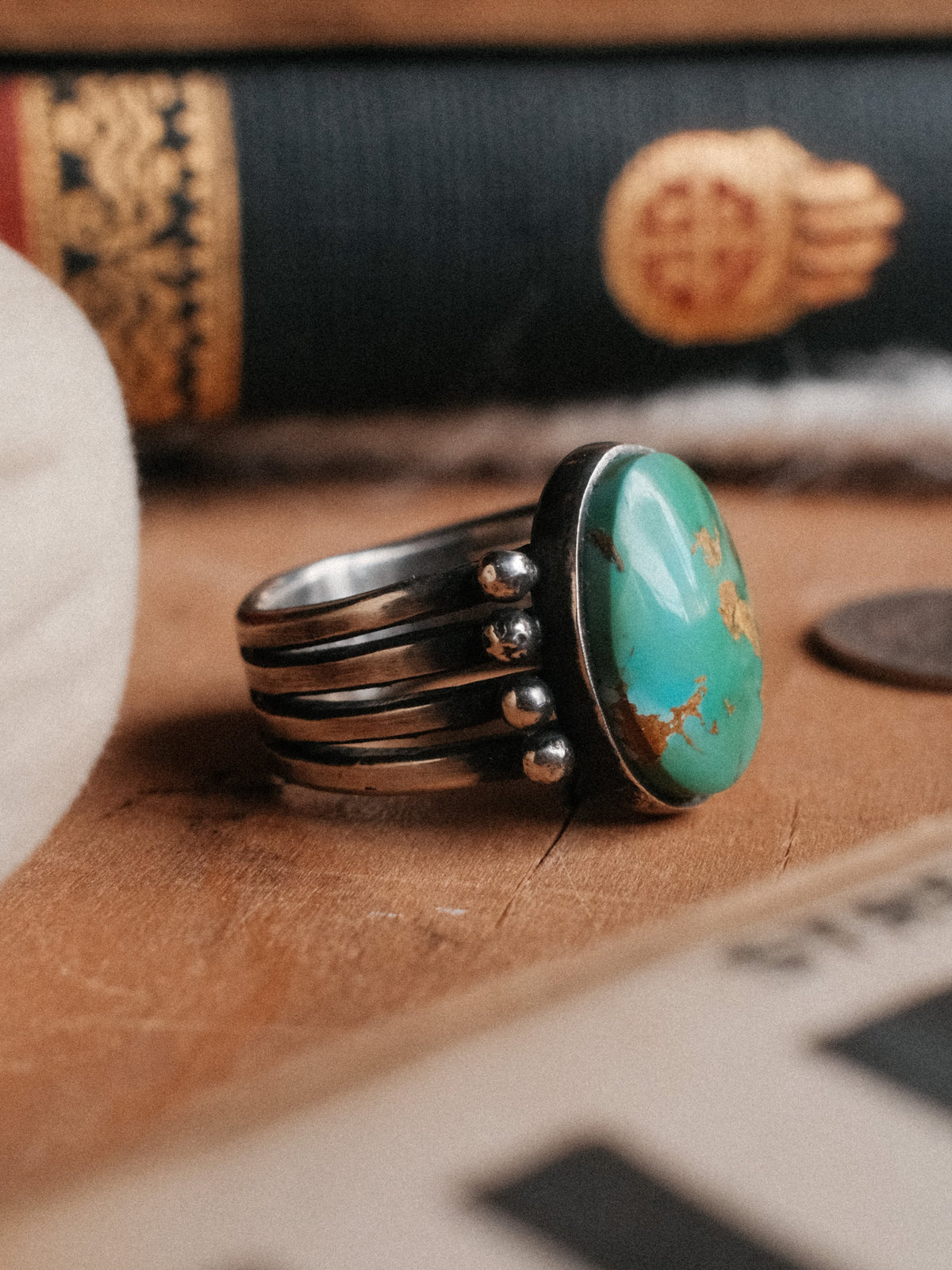 Royston turquoise on a four-prong split shank with sterling beadwork, hand-stamped with Chad's own steel — view 2