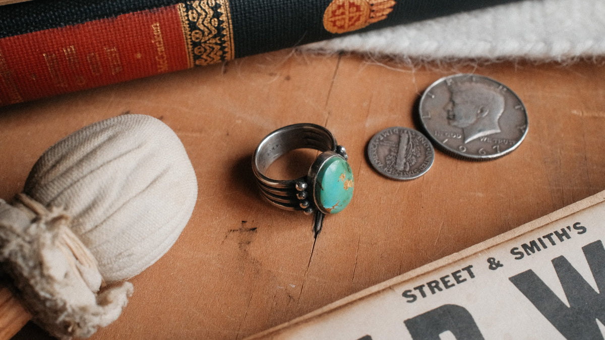 Royston turquoise on a four-prong split shank with sterling beadwork, hand-stamped with Chad's own steel — view 4