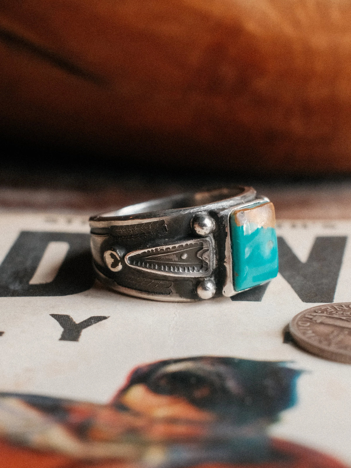 Royston turquoise on a sturdy stamped shank with sterling bead details, hand-stamped throughout — view 2