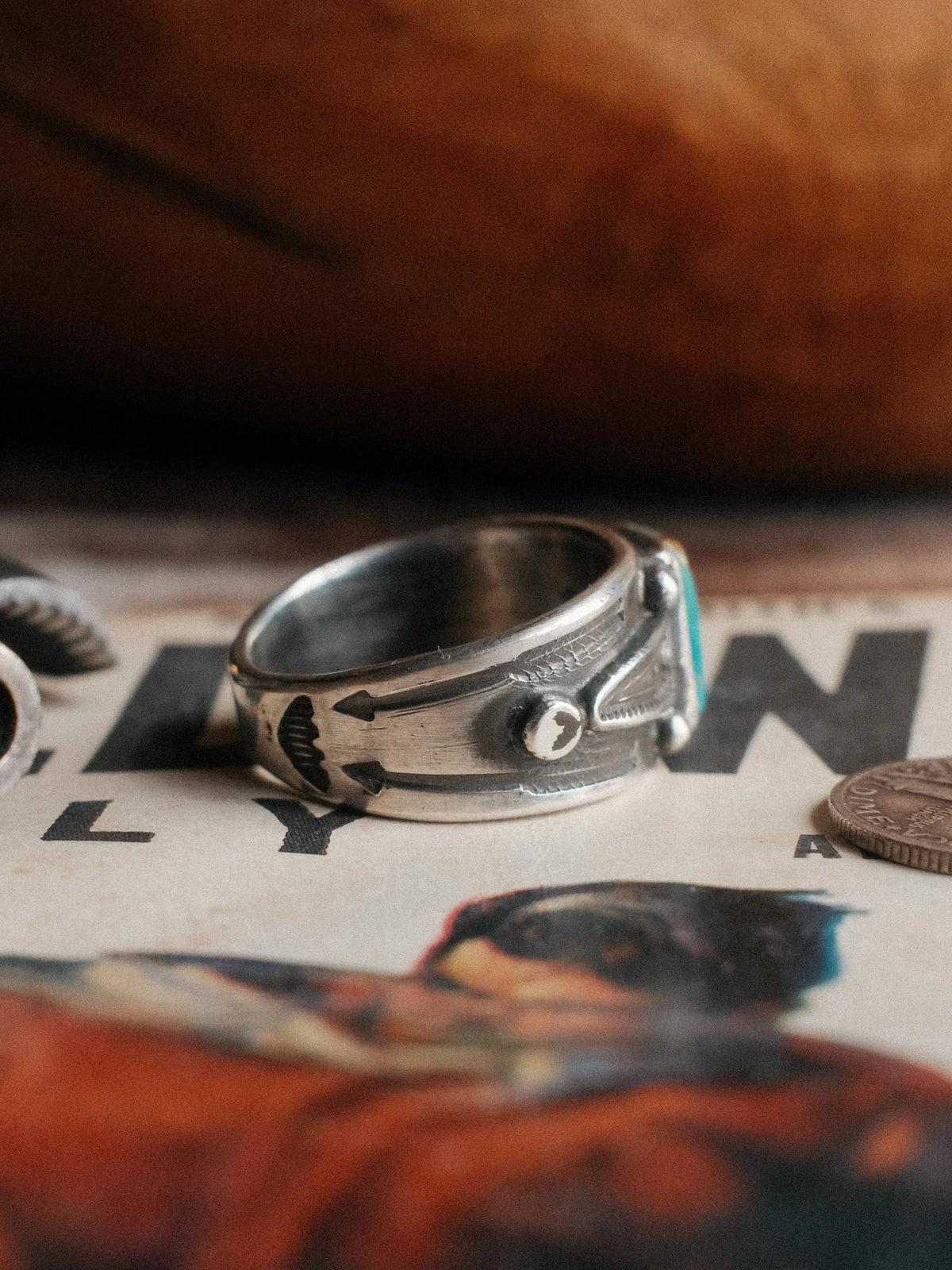 Royston turquoise on a sturdy stamped shank with sterling bead details, hand-stamped throughout — view 3