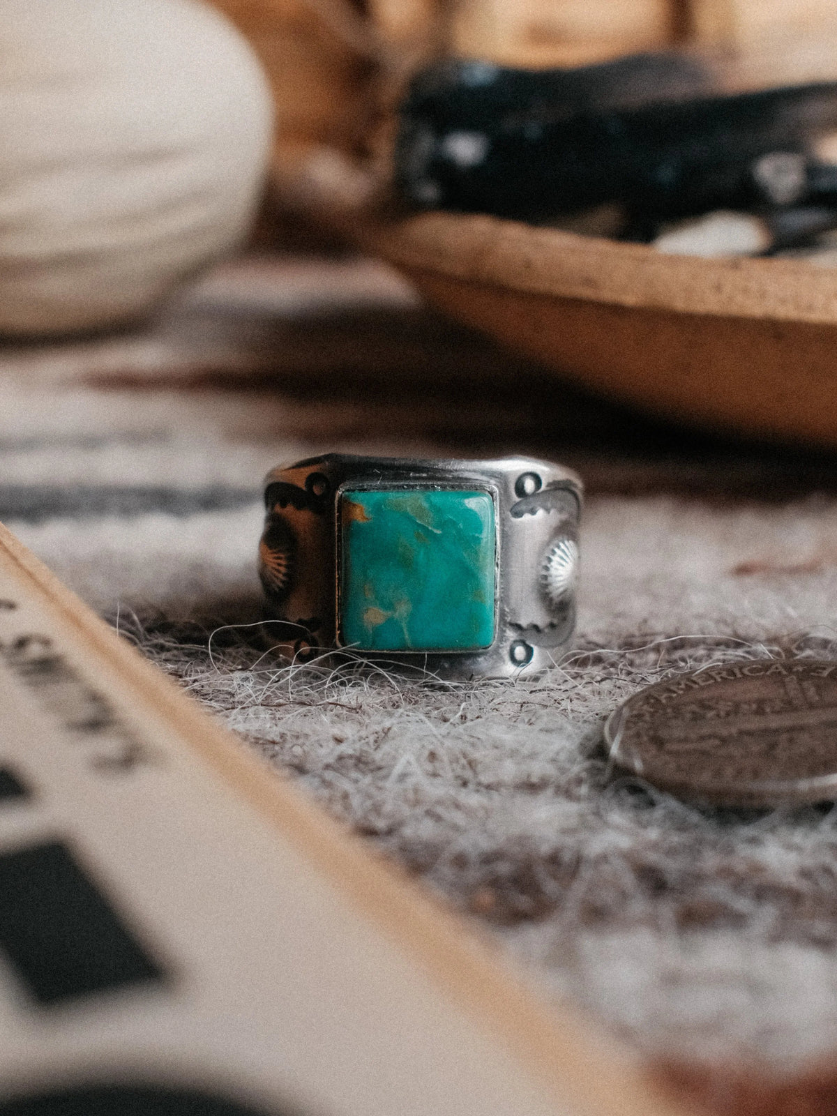 A sturdy Compadre shank with bump-out concho details, set with Royston turquoise from Nevada and hand-stamped throughout — view 2