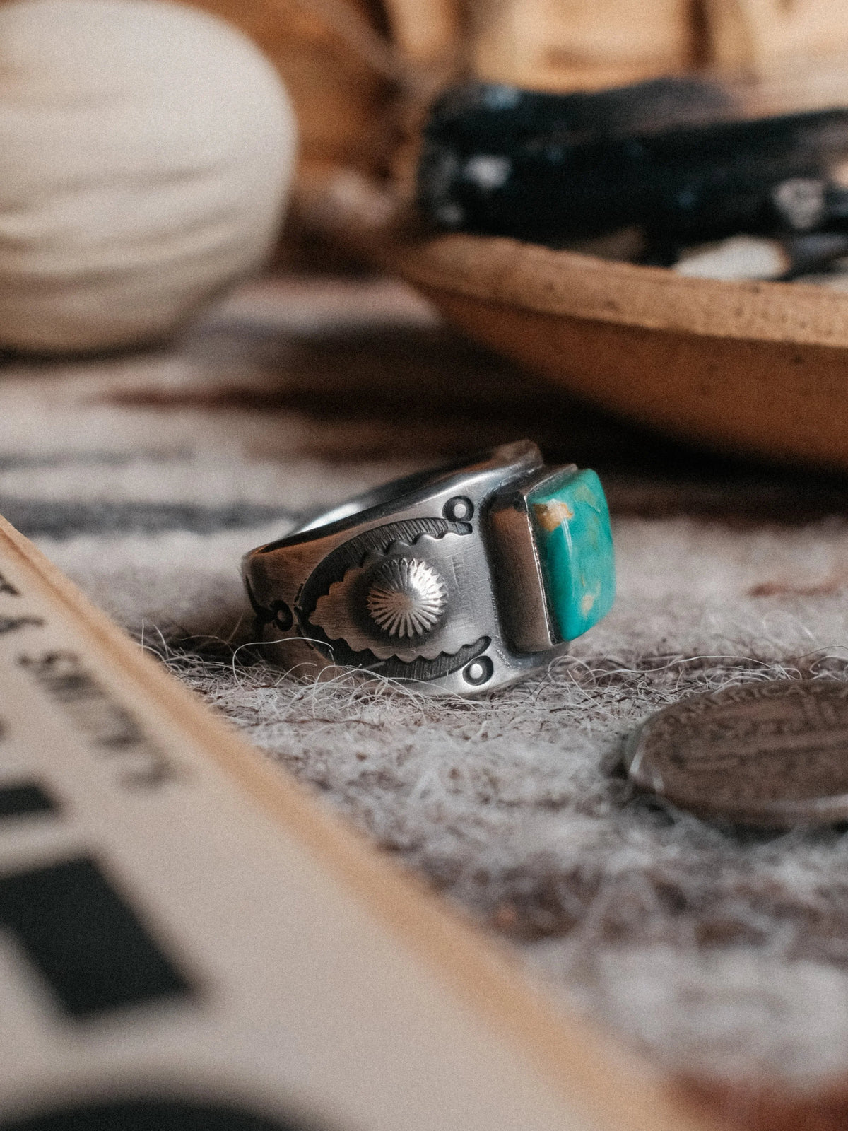 A sturdy Compadre shank with bump-out concho details, set with Royston turquoise from Nevada and hand-stamped throughout — view 3