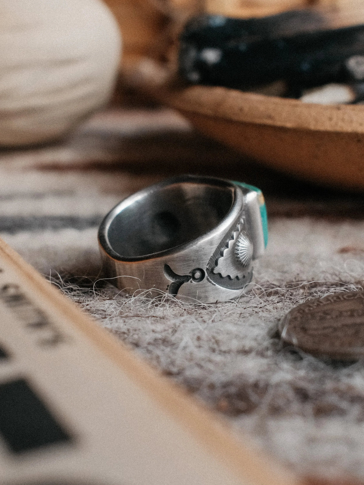 A sturdy Compadre shank with bump-out concho details, set with Royston turquoise from Nevada and hand-stamped throughout — view 4
