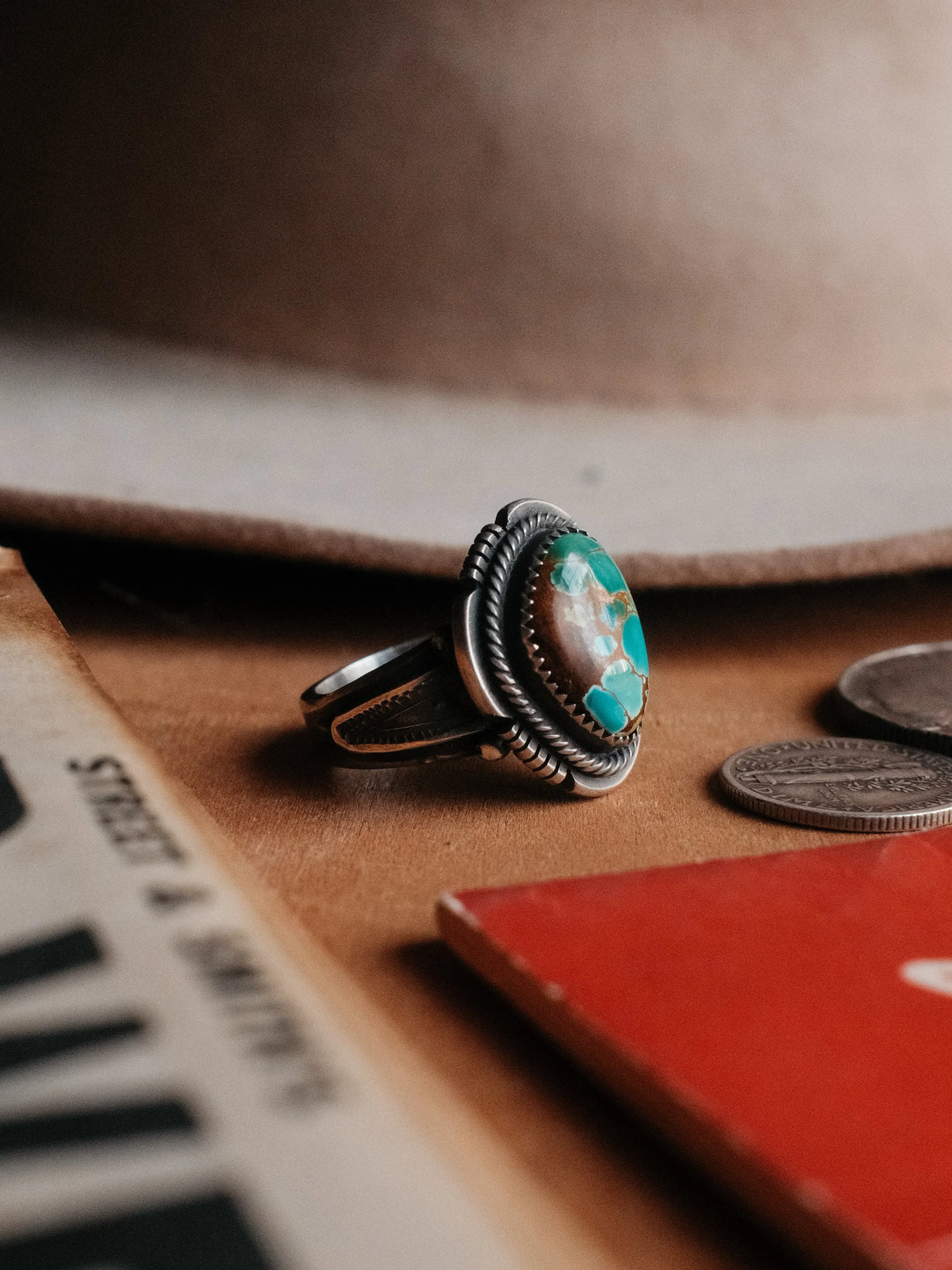 Set with Sierra Nevada turquoise inside a hand-cut border and twist wire, hand-stamped throughout — view 2