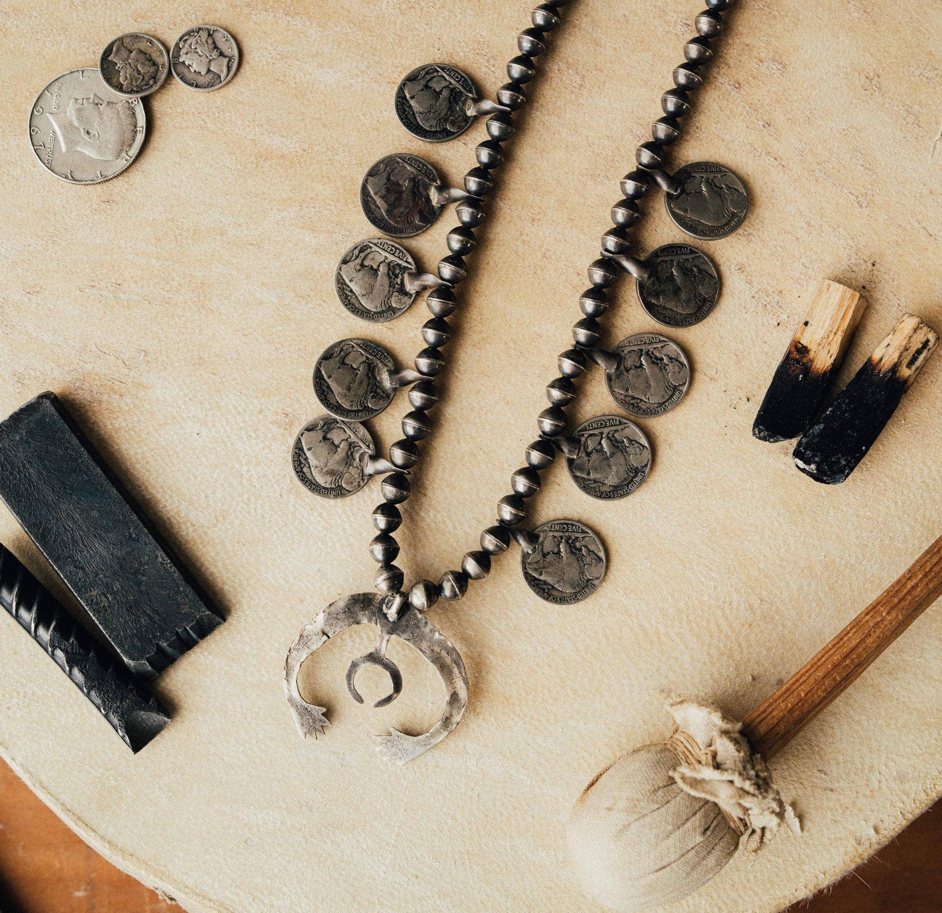 A 1940s squash blossom — green turquoise on a sandcast Naja, handmade Navajo pearls, and ten buffalo nickels with decades of natural patina — view 4