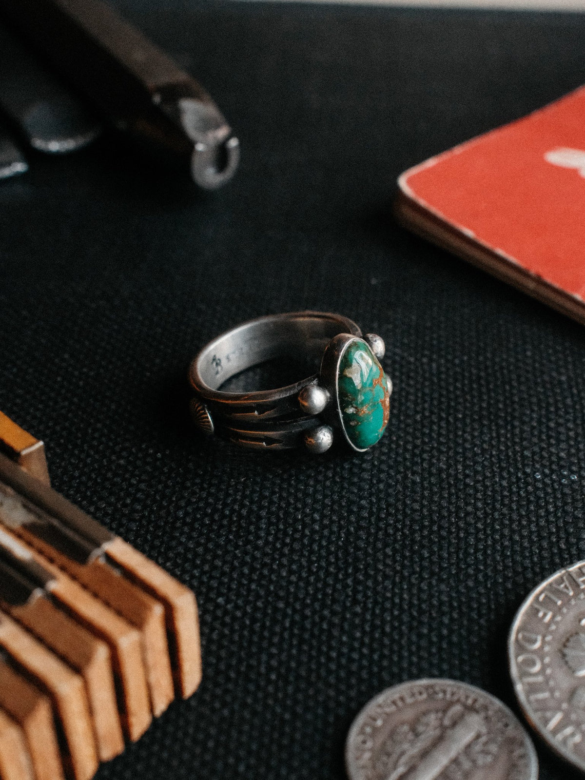 A two-prong split shank dressed in sterling conchos and beadwork, hand-stamped and set with Royston turquoise from Nevada — view 4